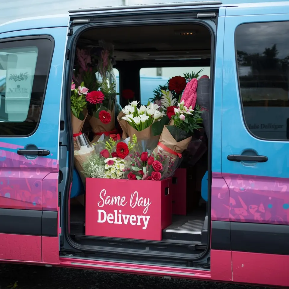 Same-day flower delivery van displaying fresh bouquets ready for dispatch.