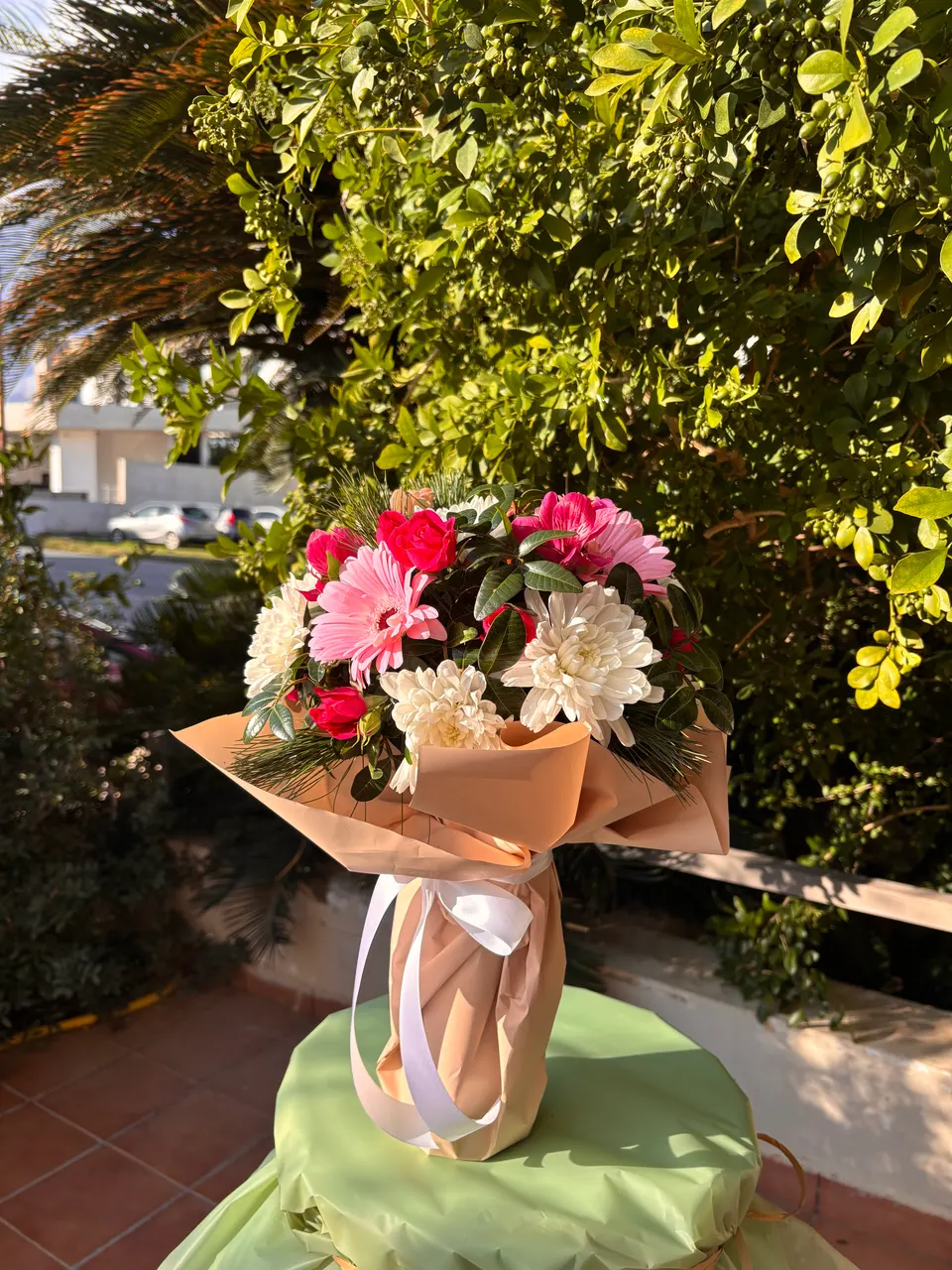 A unique flower bouquet in a wine bottle