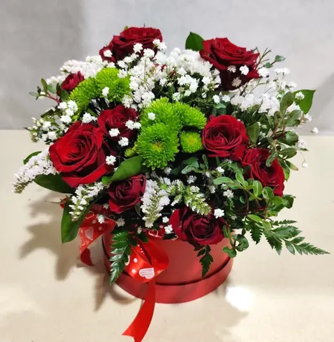 Elegant red rose box arrangement with five premium roses, chrysanthemum, statice, gypsophila, and greenery, perfect for roman