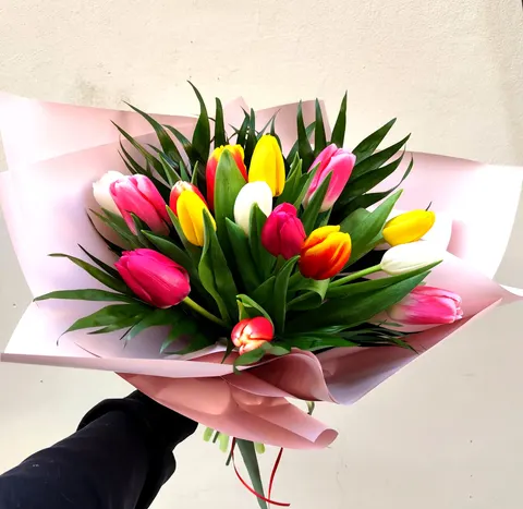 Mixed tulip bouquet with bright colorful tulips grown in the Netherlands