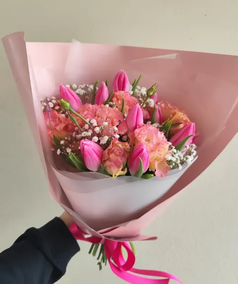 Pink Tulip Dream Bouquet with pink tulips, lisianthus, gypsophila, and greenery.