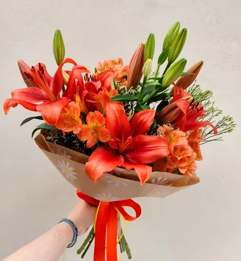 Timeless Love Bouquet with Alstroemeria, Lilium lilies, and Limonium flowers.